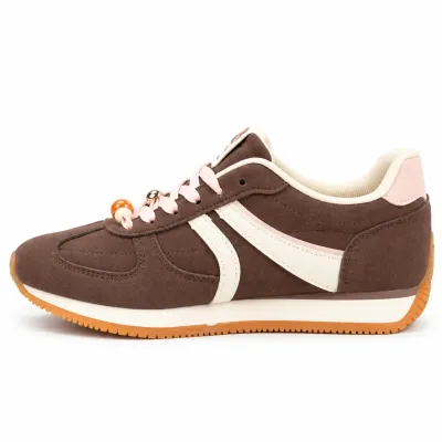 Baskets femme marron en matière synthétique, modèle à lacets avec détails décoratifs