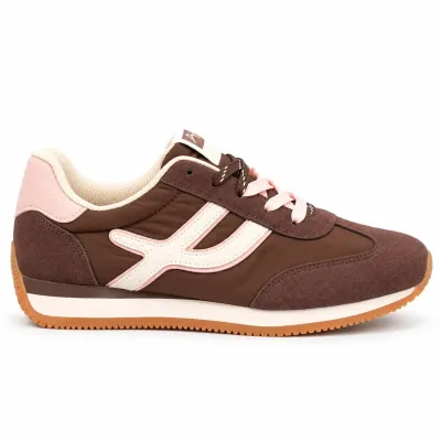 Baskets femme marron et blanc en matière synthétique, détails rose pâle