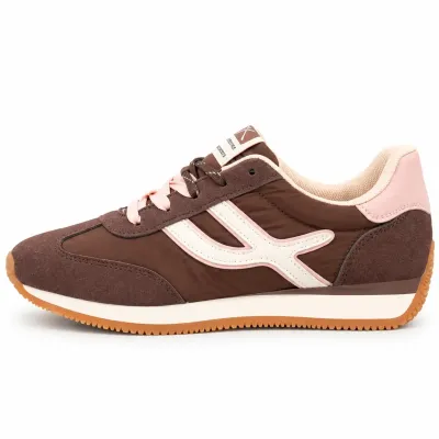 Baskets femme marron et blanc en matière synthétique, détails rose pâle