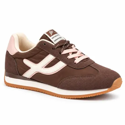 Baskets femme marron et blanc en matière synthétique, détails rose pâle