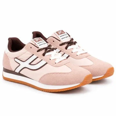 Baskets femme rose et blanc en matière synthétique, détails marron pâle