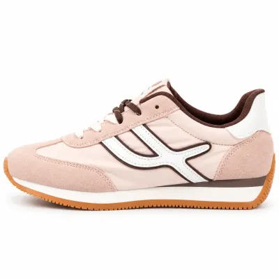 Baskets femme rose et blanc en matière synthétique, détails marron pâle