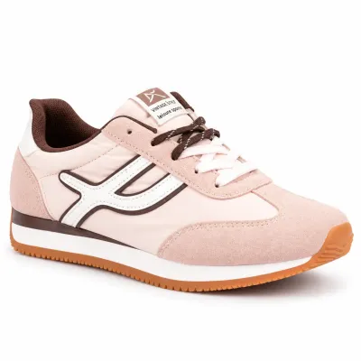 Baskets femme rose et blanc en matière synthétique, détails marron pâle