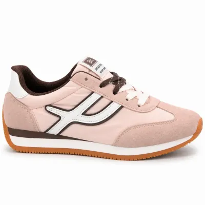 Baskets femme rose et blanc en matière synthétique, détails marron pâle