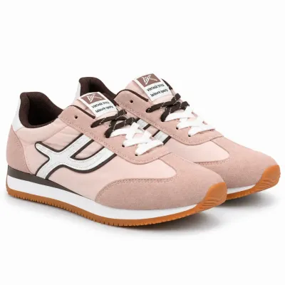 Baskets femme rose et blanc en matière synthétique, détails marron pâle