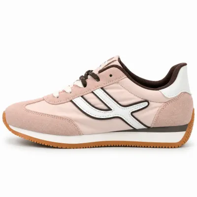 Baskets femme rose et blanc en matière synthétique, détails marron pâle