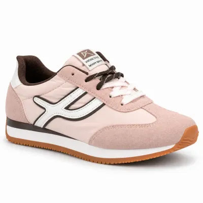 Baskets femme rose et blanc en matière synthétique, détails marron pâle