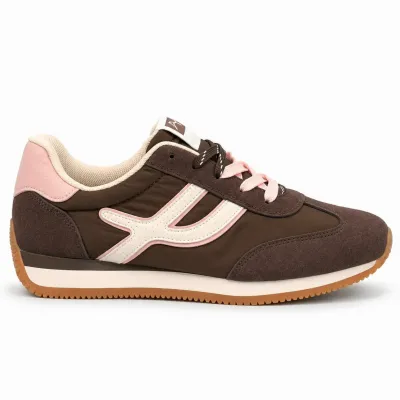 Baskets femme marron et blanc en matière synthétique, détails rose pâle