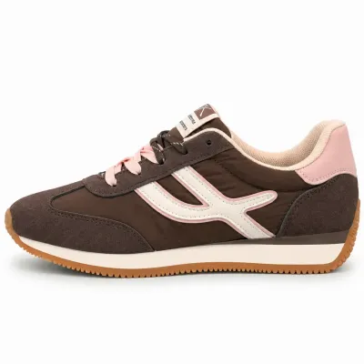 Baskets femme marron et blanc en matière synthétique, détails rose pâle