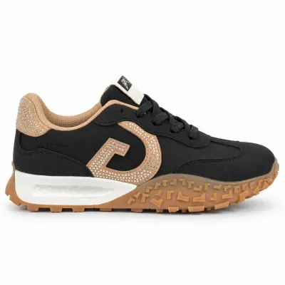 Baskets femme noires en matière synthétique aspect daim, modèle à lacets avec détails décoratifs