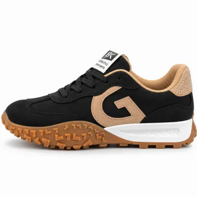 Baskets femme noires en matière synthétique aspect daim, modèle à lacets avec détails décoratifs