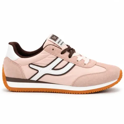 Baskets femme rose et blanc en matière synthétique, détails marron pâle