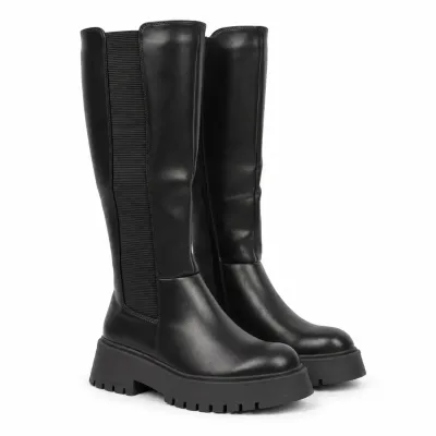 Bottes hautes noires pour femme avec tige élastique, zip intégral, bout rond, plateforme de 3 cm et semelle crantée.