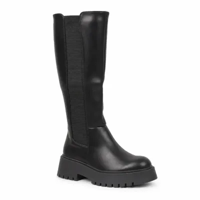 Bottes hautes noires pour femme avec tige élastique, zip intégral, bout rond, plateforme de 3 cm et semelle crantée.