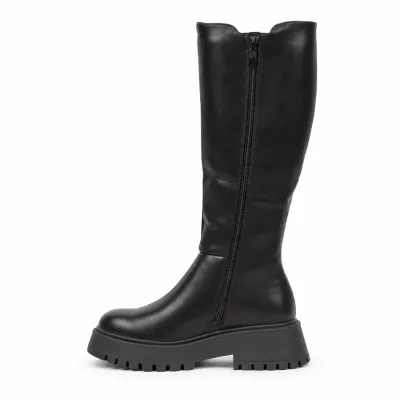 Bottes hautes noires pour femme avec tige élastique, zip intégral, bout rond, plateforme de 3 cm et semelle crantée.