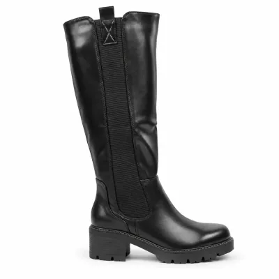 Bottes hautes noires femme à talon épais de 5,5 cm, plateforme de 2 cm, tige élastique et zip intégral, référence S-PDW-23-N.