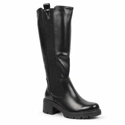 Bottes hautes noires femme à talon épais de 5,5 cm, plateforme de 2 cm, tige élastique et zip intégral, référence S-PDW-23-N.
