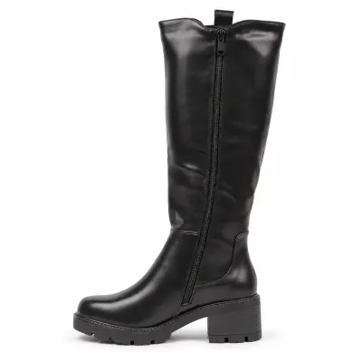 Bottes hautes noires femme à talon épais de 5,5 cm, plateforme de 2 cm, tige élastique et zip intégral, référence S-PDW-23-N.