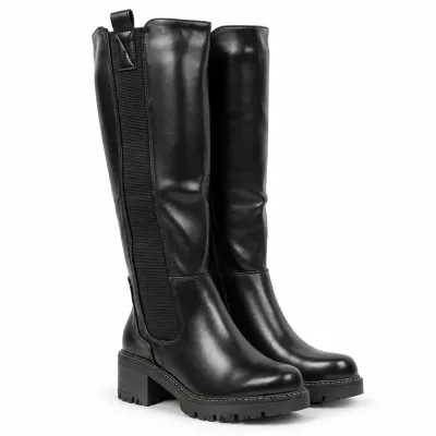 Bottes hautes noires femme à talon épais de 5,5 cm, plateforme de 2 cm, tige élastique et zip intégral, référence S-PDW-23-N.