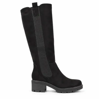 Bottes hautes noires pour femme avec tige élastique, zip intégral, talon de 5,5 cm et plateforme de 2 cm.