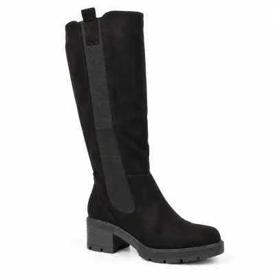 Bottes hautes noires pour femme avec tige élastique, zip intégral, talon de 5,5 cm et plateforme de 2 cm.