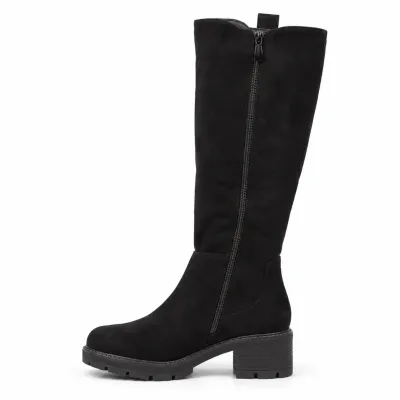 Bottes hautes noires pour femme avec tige élastique, zip intégral, talon de 5,5 cm et plateforme de 2 cm.