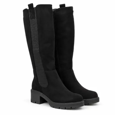 Bottes hautes noires pour femme avec tige élastique, zip intégral, talon de 5,5 cm et plateforme de 2 cm.