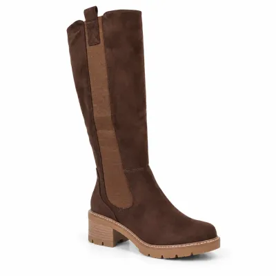 Bottes hautes marron pour femme avec tige élastique, zip intégral, talon de 5,5 cm et plateforme de 2 cm.