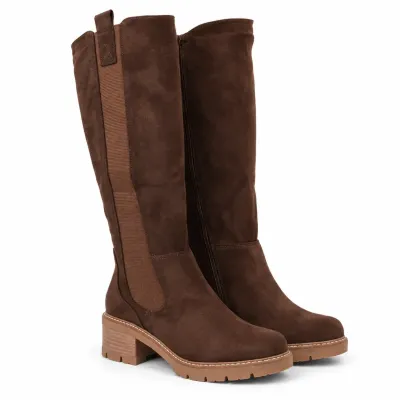 Bottes hautes marron pour femme avec tige élastique, zip intégral, talon de 5,5 cm et plateforme de 2 cm.