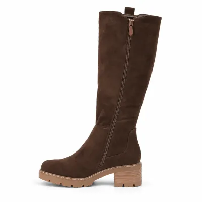 Bottes hautes marron pour femme avec tige élastique, zip intégral, talon de 5,5 cm et plateforme de 2 cm.
