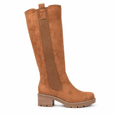 Bottes hautes camel pour femme avec tige élastique, zip intégral, talon de 5,5 cm et plateforme de 2 cm.