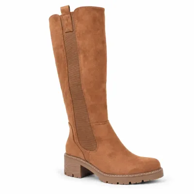Bottes hautes camel pour femme avec tige élastique, zip intégral, talon de 5,5 cm et plateforme de 2 cm.