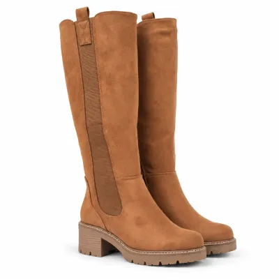 Bottes hautes camel pour femme avec tige élastique, zip intégral, talon de 5,5 cm et plateforme de 2 cm.