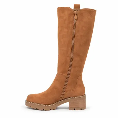 Bottes hautes camel pour femme avec tige élastique, zip intégral, talon de 5,5 cm et plateforme de 2 cm.