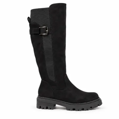 Bottes hautes noires effet suédine pour femme, avec boucle décorative, tige élastique, zip intégral et semelle crantée.