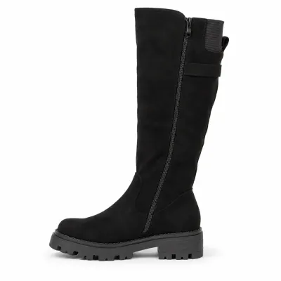 Bottes hautes noires effet suédine pour femme, avec boucle décorative, tige élastique, zip intégral et semelle crantée.