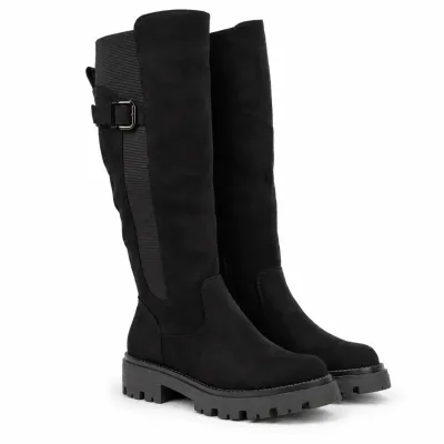 Bottes hautes noires effet suédine pour femme, avec boucle décorative, tige élastique, zip intégral et semelle crantée.