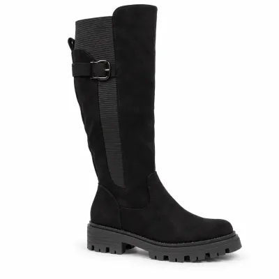Bottes hautes noires effet suédine pour femme, avec boucle décorative, tige élastique, zip intégral et semelle crantée.