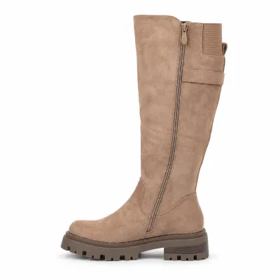 Bottes hautes kaki effet suédine pour femme, avec boucle décorative, tige élastique, zip intégral et semelle crantée.
