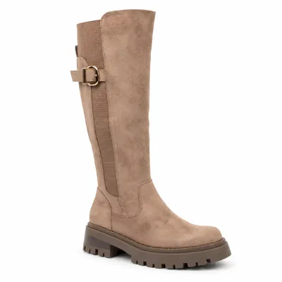 Bottes hautes kaki effet suédine pour femme, avec boucle décorative, tige élastique, zip intégral et semelle crantée.