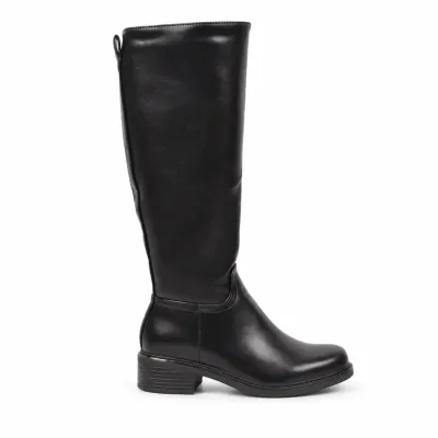 Bottes hautes noires pour femme en matière synthétique, avec bout rond, talon épais de 4 cm et zip intégral.