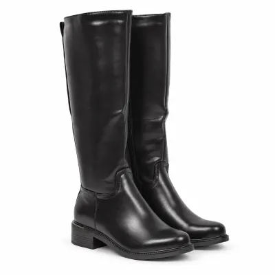 Bottes hautes noires pour femme en matière synthétique, avec bout rond, talon épais de 4 cm et zip intégral.