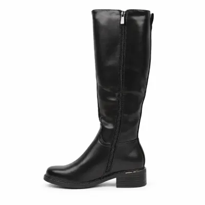 Bottes hautes noires pour femme en matière synthétique, avec bout rond, talon épais de 4 cm et zip intégral.