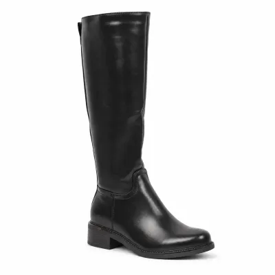 Bottes hautes noires pour femme en matière synthétique, avec bout rond, talon épais de 4 cm et zip intégral.