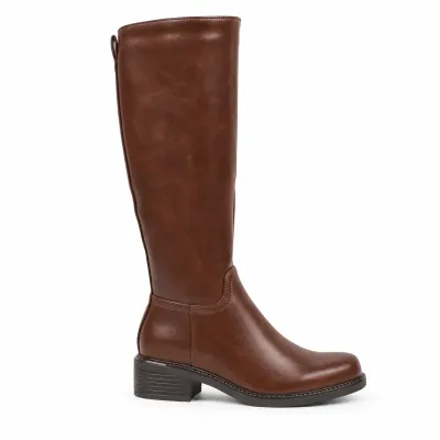 Bottes hautes marron pour femme en matière synthétique, avec bout rond, talon épais de 4 cm et zip intégral.