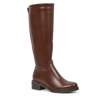Bottes hautes marron pour femme en matière synthétique, avec bout rond, talon épais de 4 cm et zip intégral.