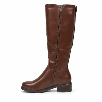Bottes hautes marron pour femme en matière synthétique, avec bout rond, talon épais de 4 cm et zip intégral.