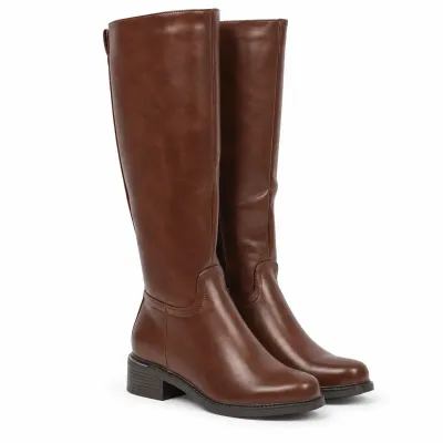 Bottes hautes marron pour femme en matière synthétique, avec bout rond, talon épais de 4 cm et zip intégral.