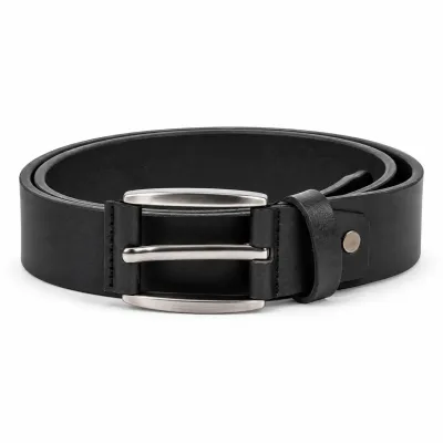 Ceinture homme en cuir noir 100 %, largeur 35 mm, avec boucle métallique argentée et finition classique élégante.