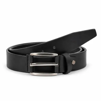 Ceinture homme en cuir noir 100 %, largeur 35 mm, avec boucle métallique argentée et finition classique élégante.